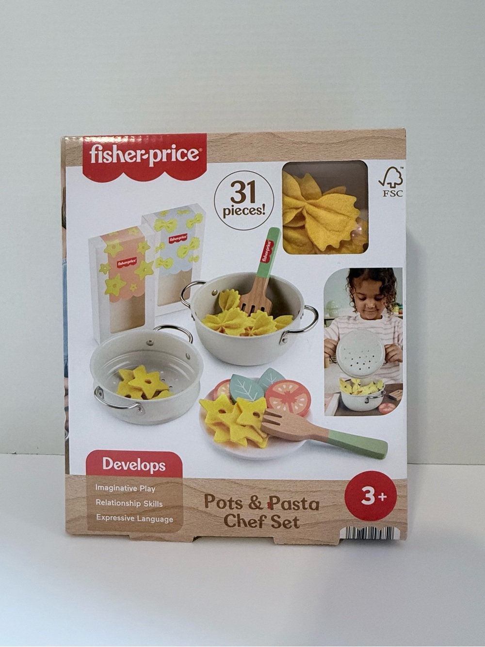 NEW Fisher-Price Pots & Pasta Chef Set 31 Pieces Wooden Food Pretend Play